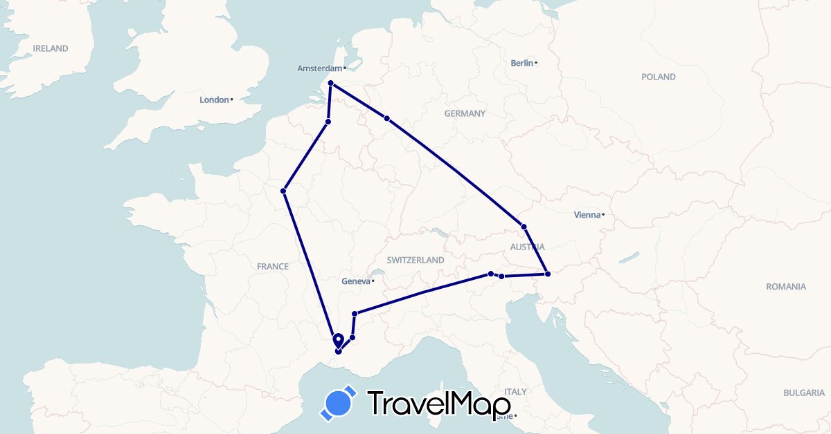 TravelMap itinerary: driving in Austria, Belgium, Germany, France, Italy, Netherlands, Slovenia (Europe)
